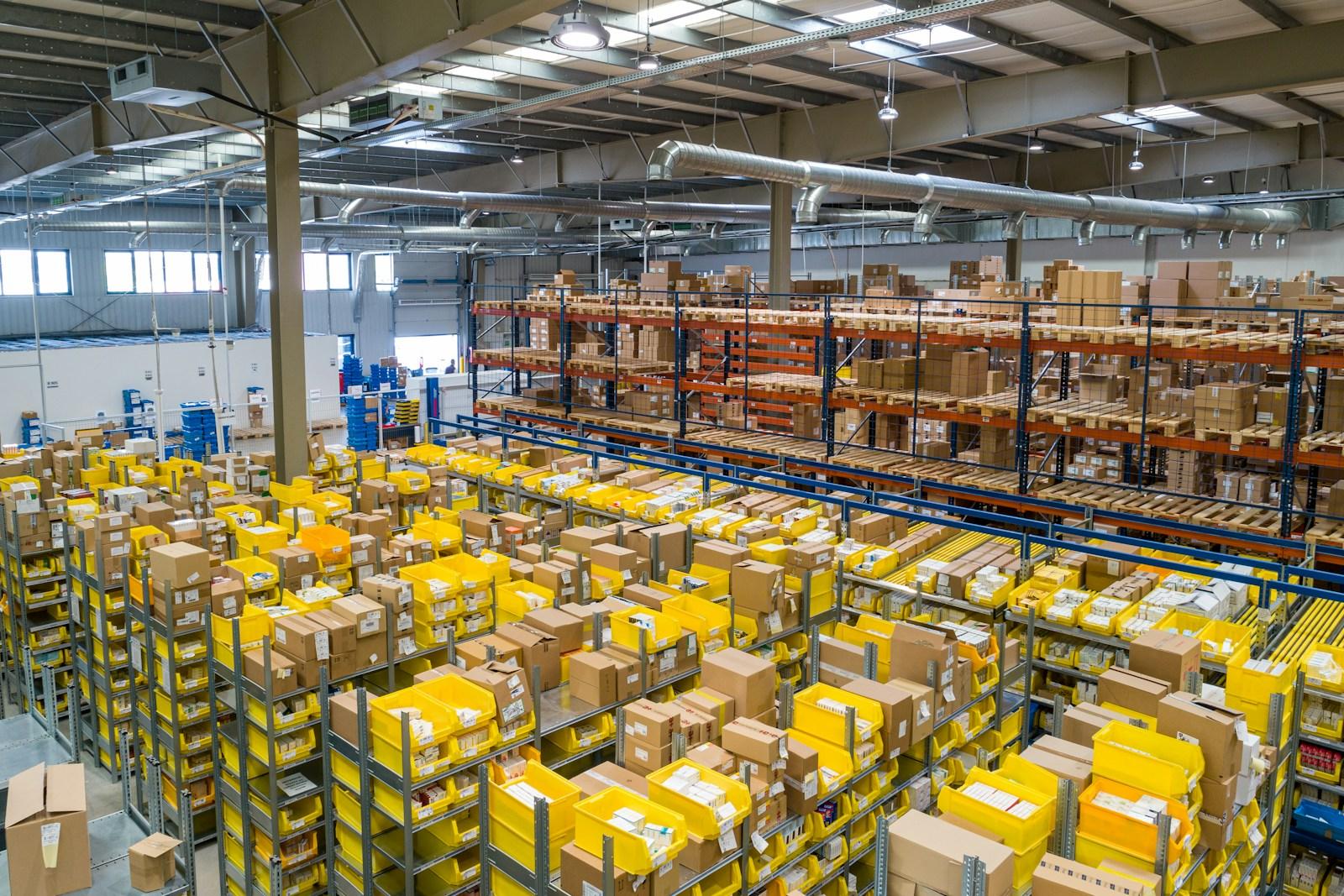 Warehouse with storage racks and logistics areas